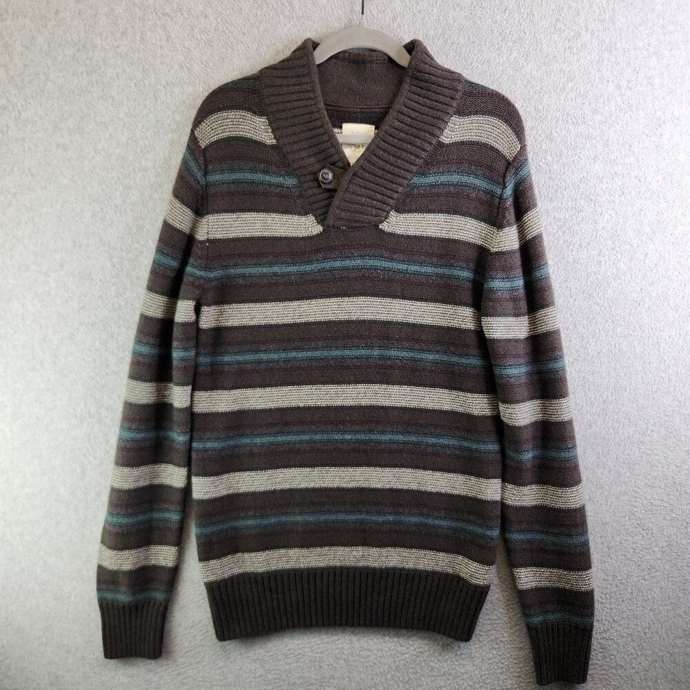 Fossil Sweater Mens M Brown Striped Shawl Collar Pullover Ribbed Knit Grandpa